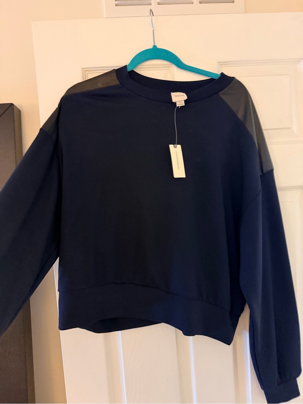 Maeve Navy Sweatshirt with Faux-Leather Shoulder Panels super soft